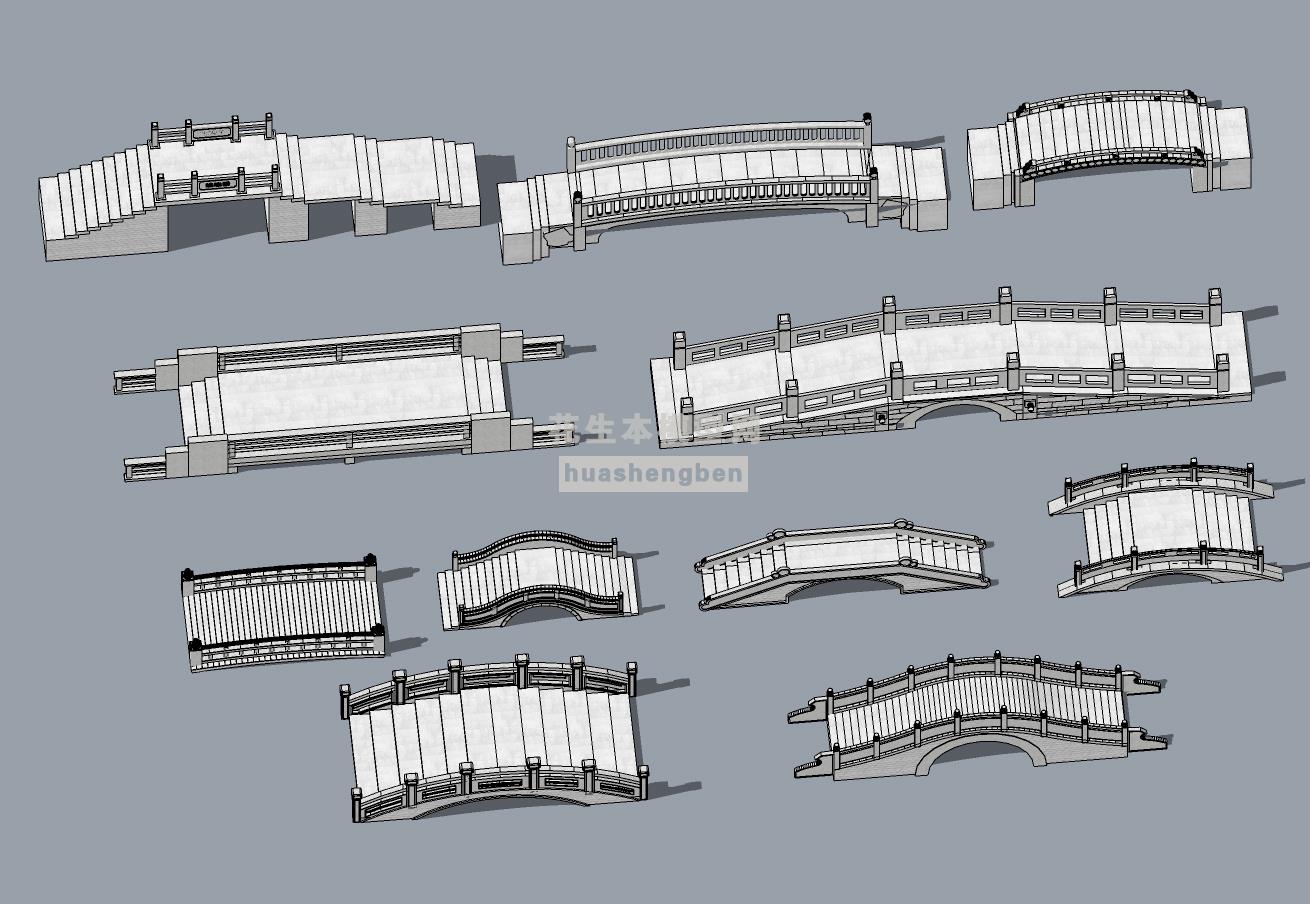 中式石拱桥su草图模型下载