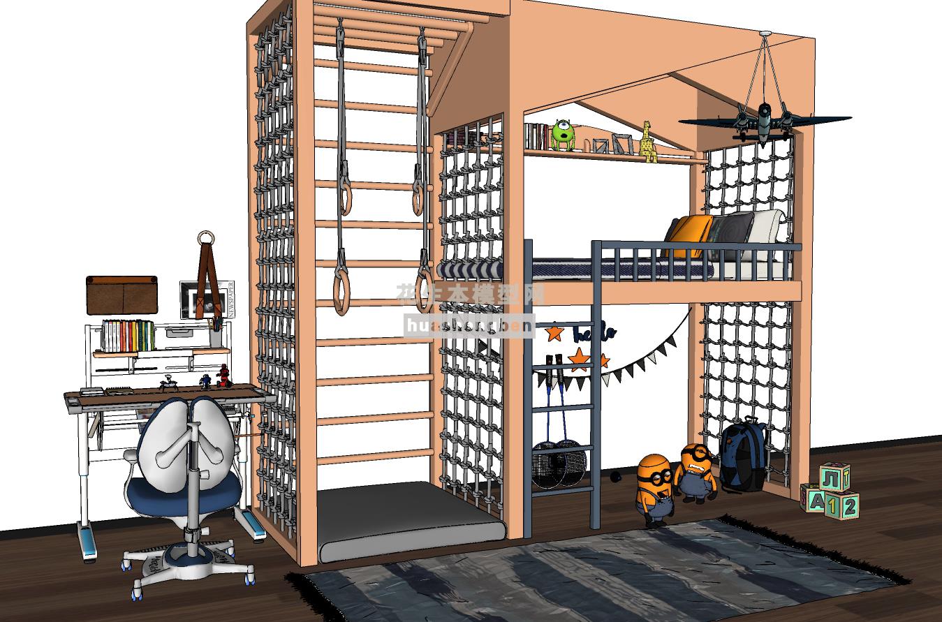 现代实木儿童床上下床铺小黄人玩具飞机吊灯玩具su草图模型下载(1)