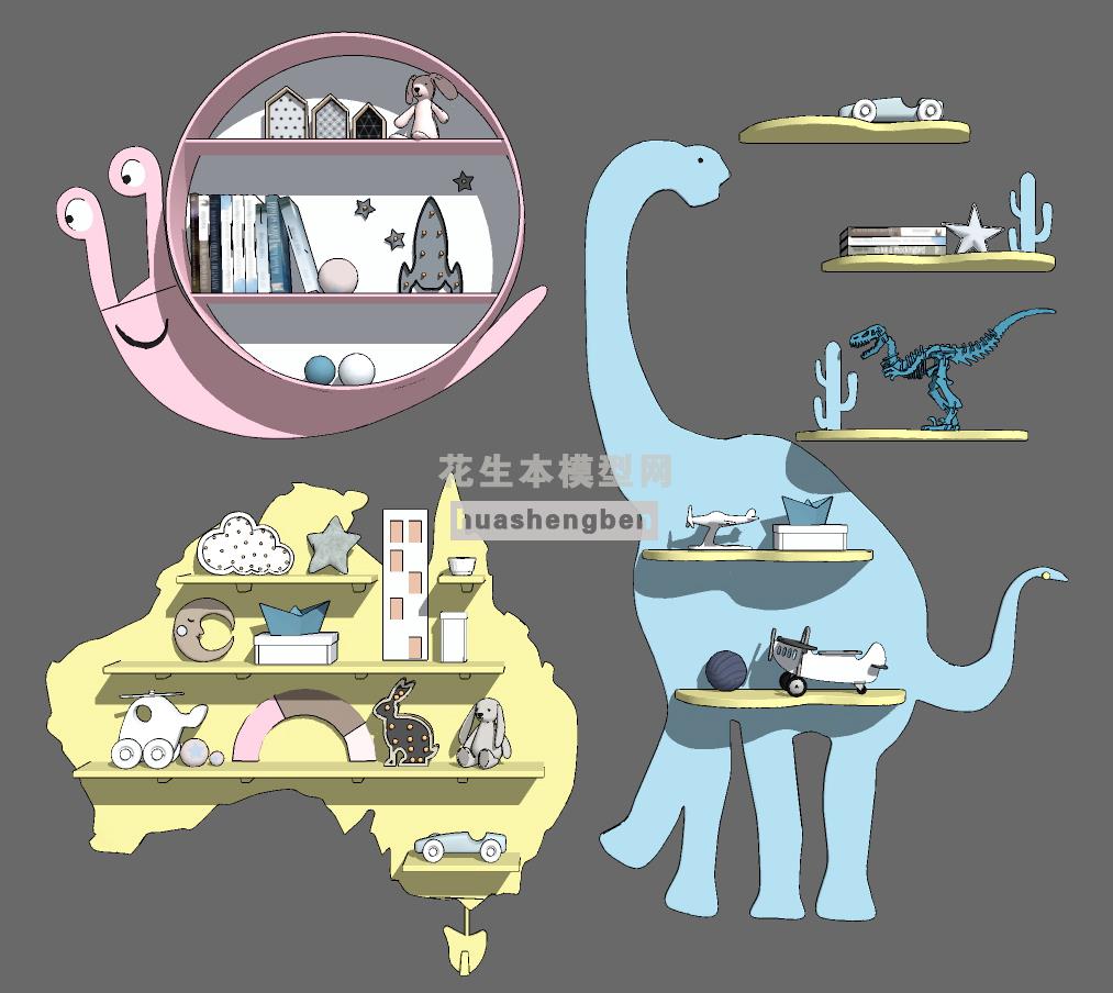 北欧动物造型儿童壁柜吊柜墙饰su草图模型下载(1)