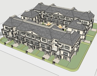 联排别墅四合院su免费模型下载(1)