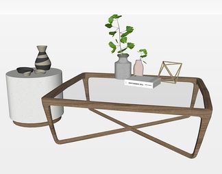 原木玻璃茶几组合su免费模型下载(1)