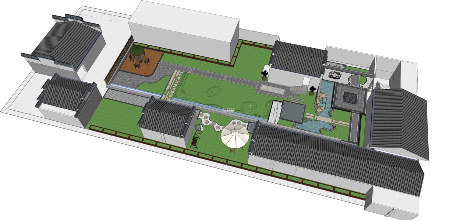 中式庭院景观花园四合院屋顶花园模型su草图模型下载(1)