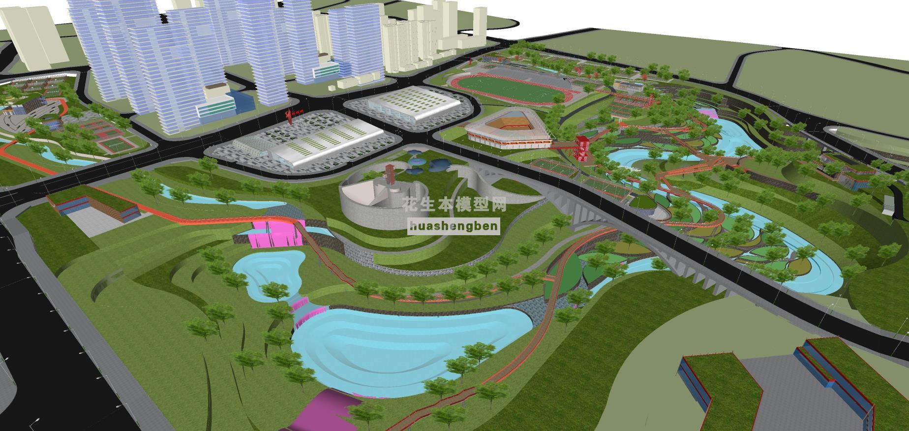 现代风格公园景观滨水景观带体育公园廊桥栈道儿童活动乐园市民休闲公园景观树池景观座椅休息树池su草图模型下载(1)