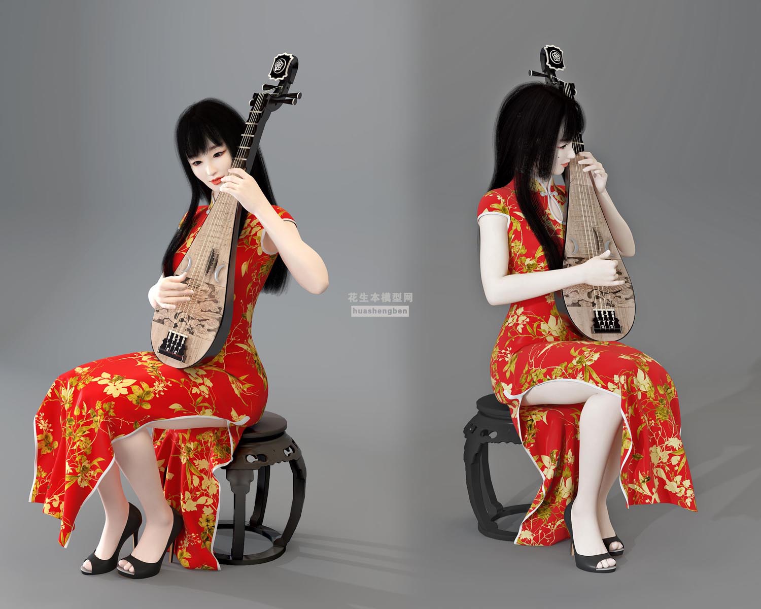 现代弹琵琶女性人物3d模型下载(1)