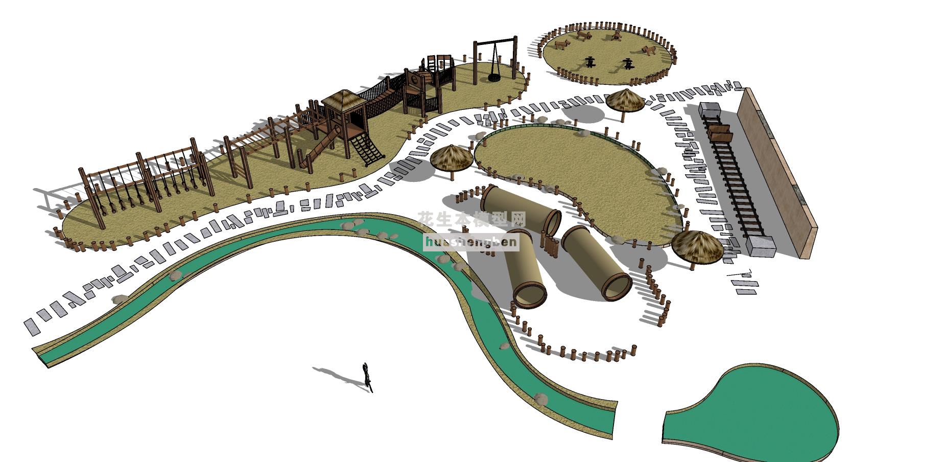 儿童生态游乐园儿童游乐场幼儿户外儿童乐园公园游乐区儿童素质拓展无重力乐园su草图模型下载(1)