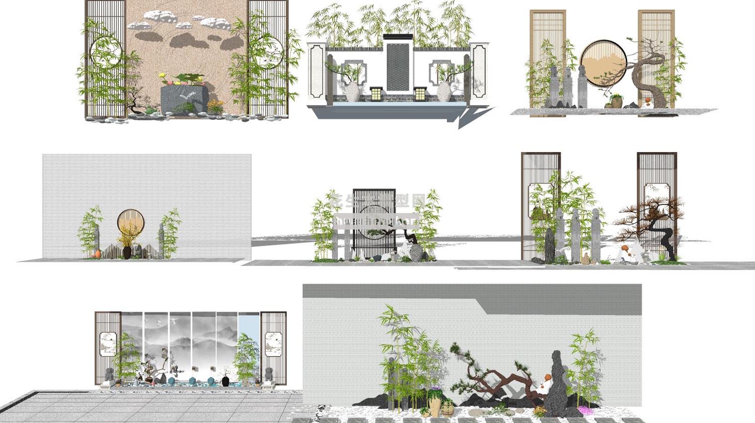 中式日式庭院景观石头徽派建筑院墙su草图模型下载(1)