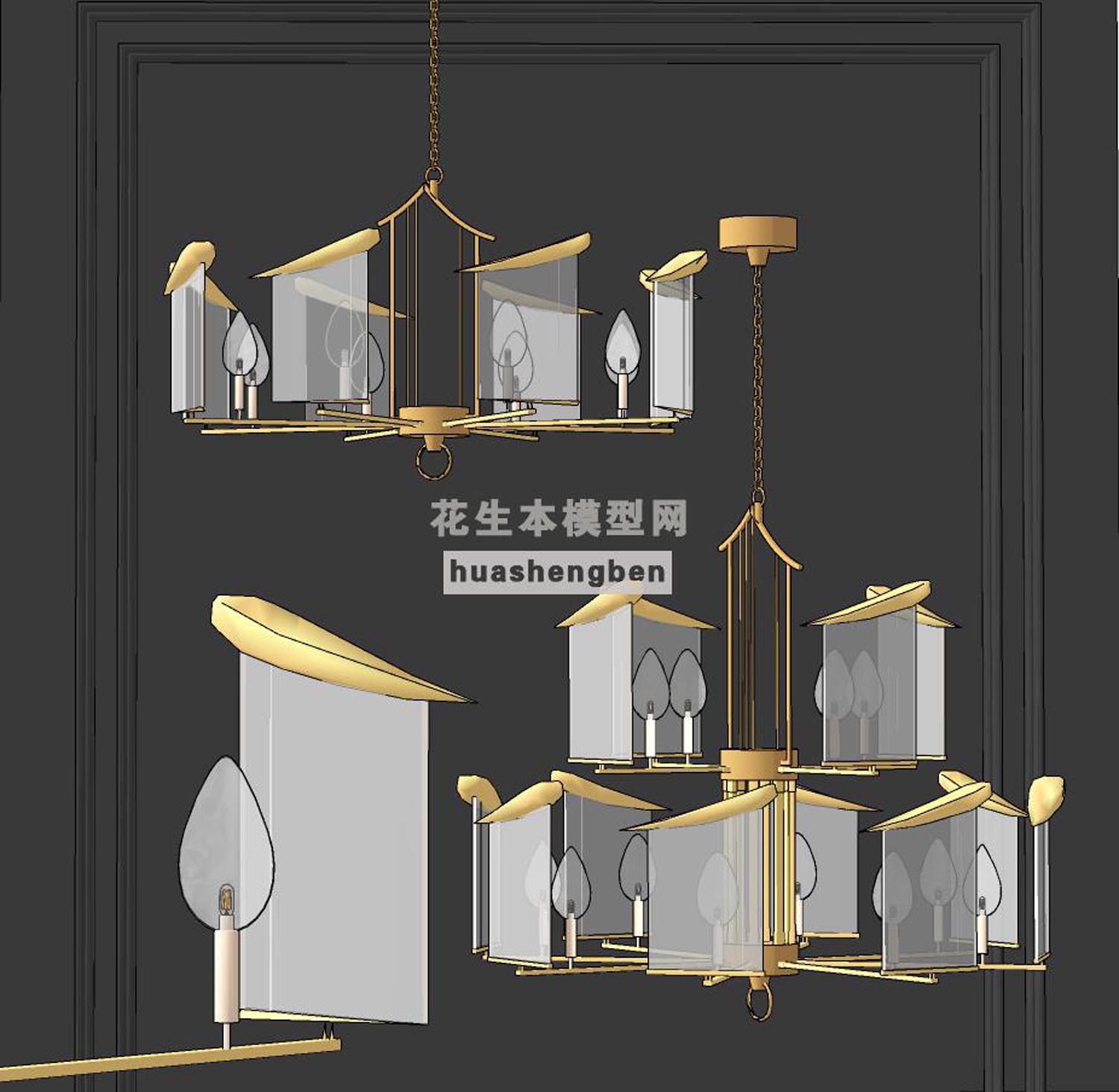 中式轻奢水晶烛台吊灯su草图模型下载(1)