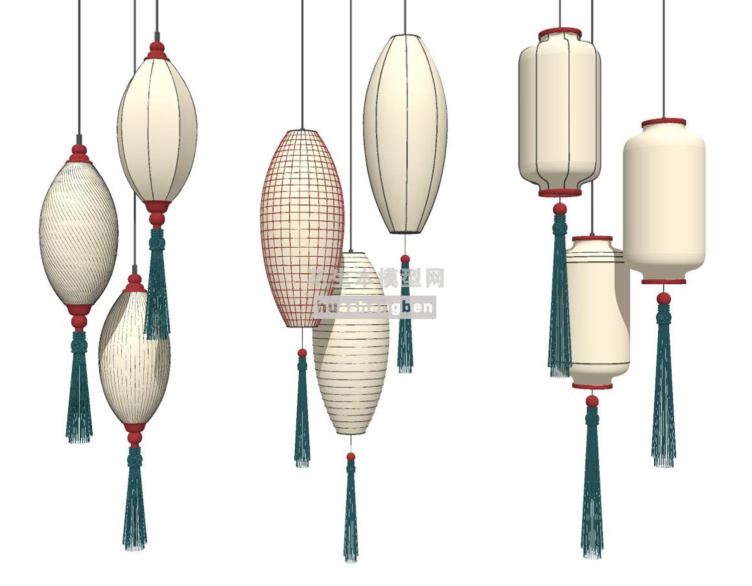 中式流苏小灯笼吊灯su草图模型下载(1)