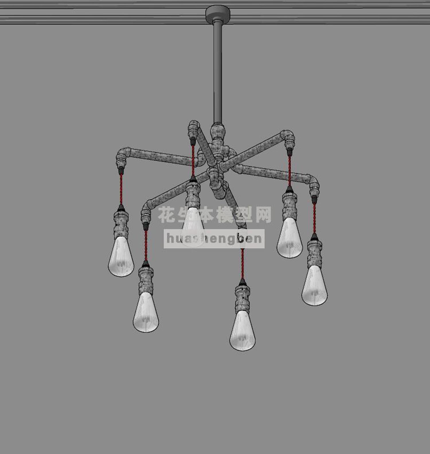 工业风钢管多头吊灯su草图模型下载(1)