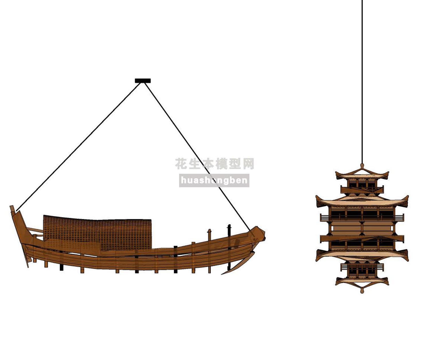 中式古建船型木船吊灯雕塑su草图模型下载(1)