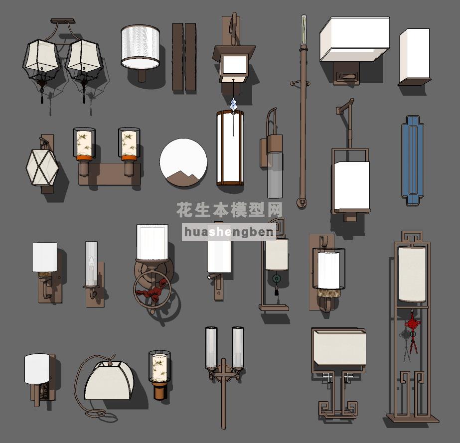 中式金属壁灯落地灯台灯su草图模型下载(1)