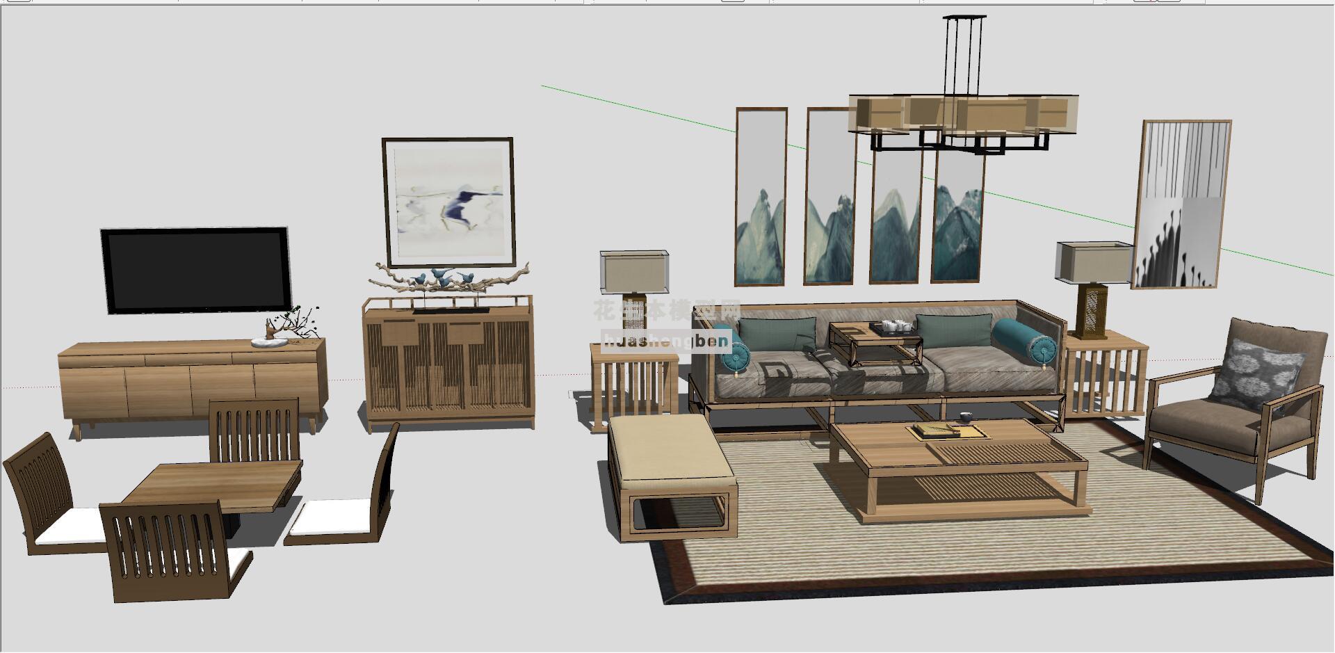 新中式日式东南亚泰式风格客厅su草图模型下载(1)